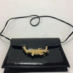 Vintage Black Clutch/Crossbody bag with Gold Crocodile Accent